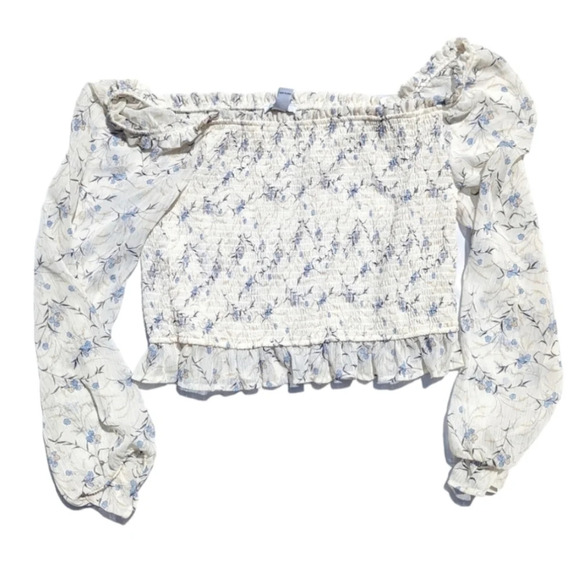 Revamped XL Long Sleeve Floral Beige Cropped Top Sheer Sleeve Boho Flirty - Picture 1 of 6